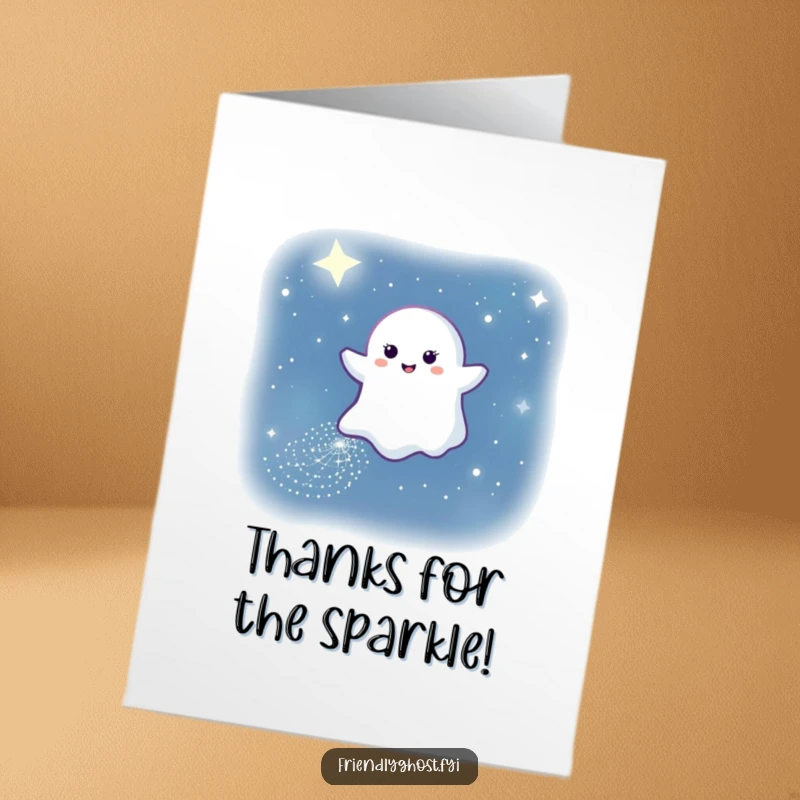 Funny Free Printable Thank You Card: Gentle ghost smiling leaves sparkling path in night sky, perfect for expressing thanks.