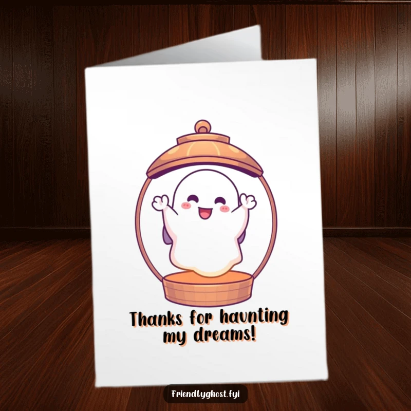 Funny Free Printable Thank You card: a cheerful ghost waves from within a glowing lantern, a unique and humorous way to express gratitude.