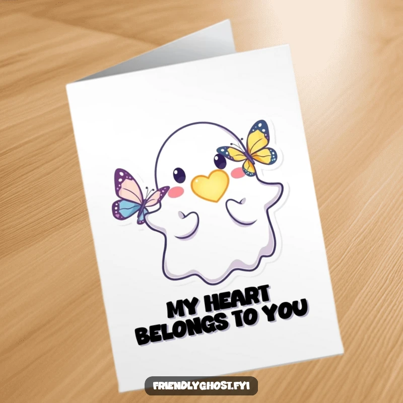 Funny Free Printable Thank You Card: A friendly ghost figure extending a radiant heart towards a curious butterfly.