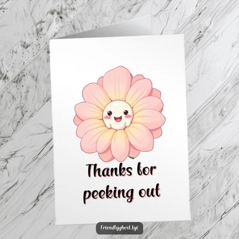 Funny free printable thank you card: a little ghost peeks out from behind a large, cheerful flower.