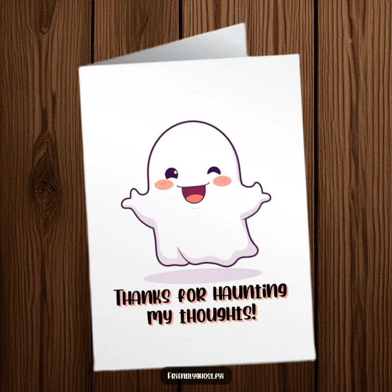 Funny Free Printable Thank You Card depicting a friendly ghost character playfully booing with a wide, happy grin.