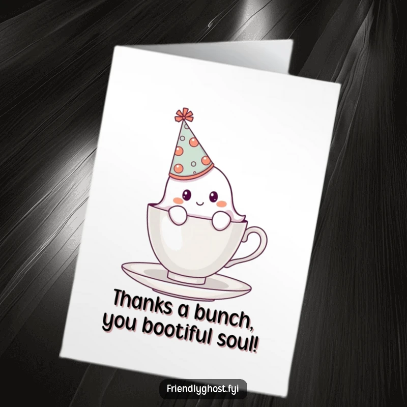 Funny Free Printable Thank You Card: Shy ghost peeking from teacup, offering a sweet and humorous thank you gesture.