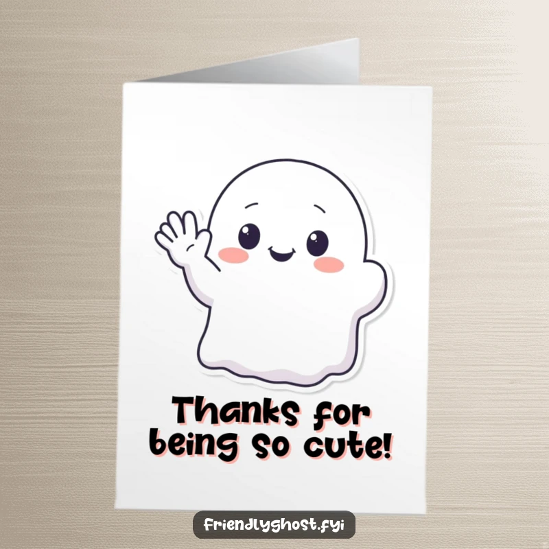 Funny Free Printable Thank You Card showing a kawaii ghost character waving enthusiastically with a translucent hand.