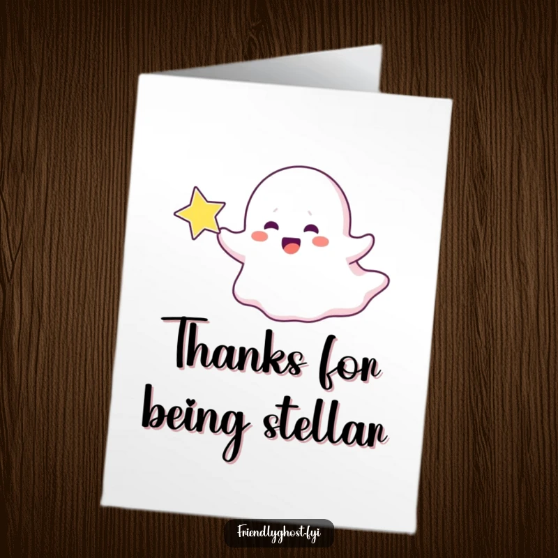 Funny Free Printable Thank You Card: A ghost character joyfully chasing a sparkling star, perfect for a thank you.