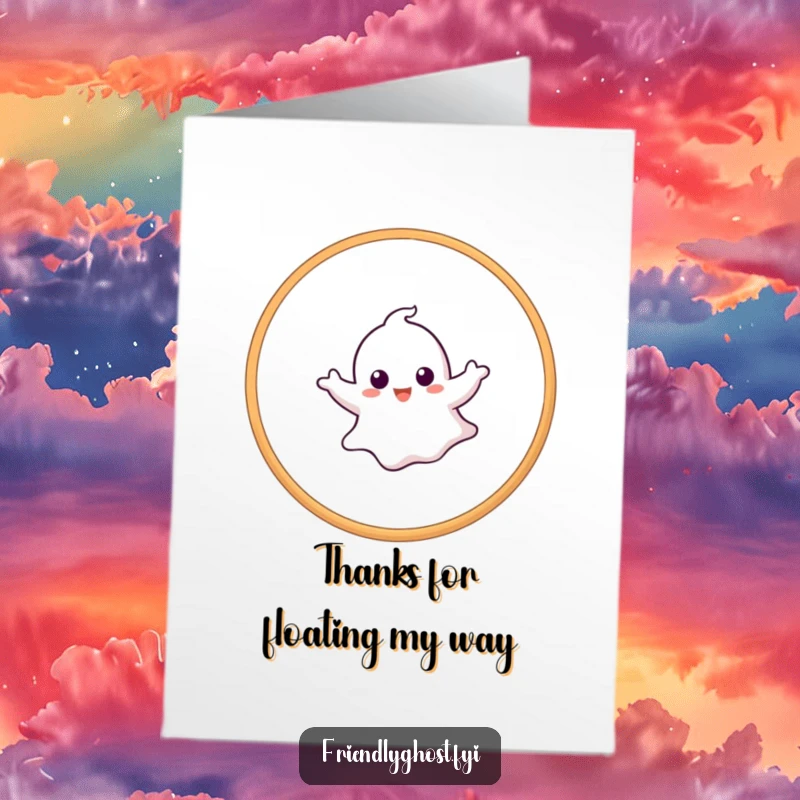 Funny Free Printable Thank You Card illustrating a ghost performing a hoop trick, expressing thanks with playful agility and charm.