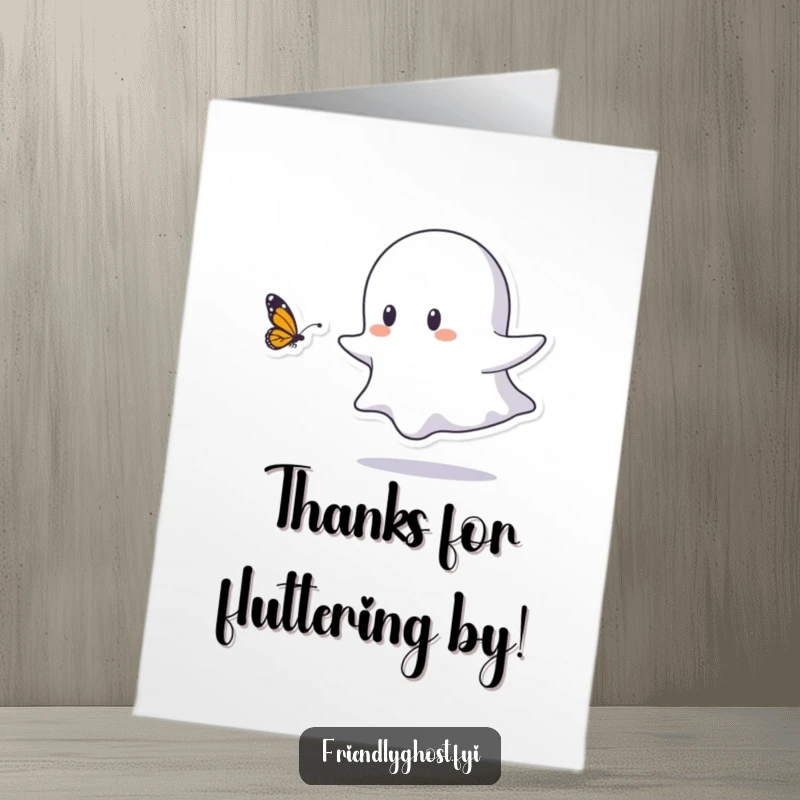 Free Printable Thank You Card: Small ghost playfully chasing a butterfly, a charming and thankful downloadable.