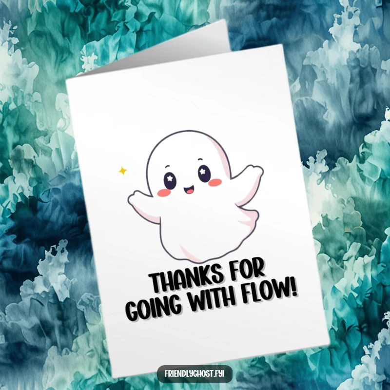 Funny Free Printable Thank You Card: A cheerful ghost character with shimmering eyes happily rides a soft breeze, conveying heartfelt thanks, print at home.