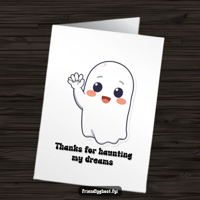 Funny Free Printable Thank You Card: A friendly ghost with a wide, happy smile extends a welcoming wave, expressing sincere thanks cheerfully.
