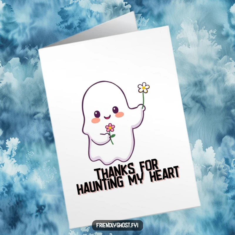 Funny Free Printable Thank You Card with a smiling ghost offering a small flower, conveying sincere thanks in a delightful way.