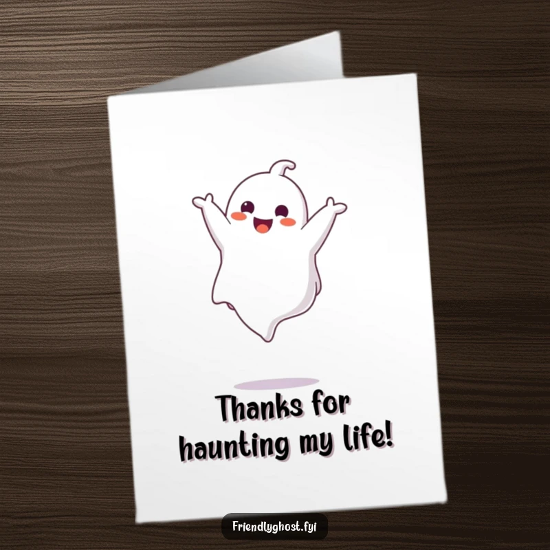 Funny Free Printable Thank You Card: A happy ghost gracefully somersaults, showing sincere appreciation with a playful spirit.