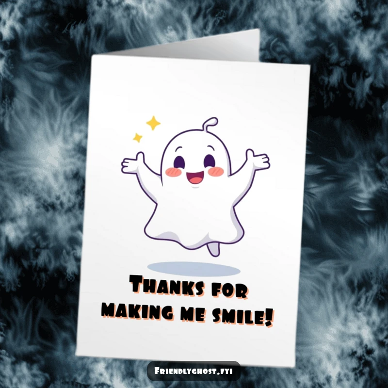 Funny Free Printable thank you card depicting a joyful ghost engaged in a silly, wobbly, and energetic dance.
