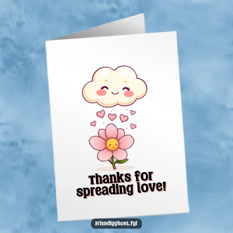 Funny Free Printable Thank You Card: A little cloud happily rains sparkling hearts down on a delicate flower