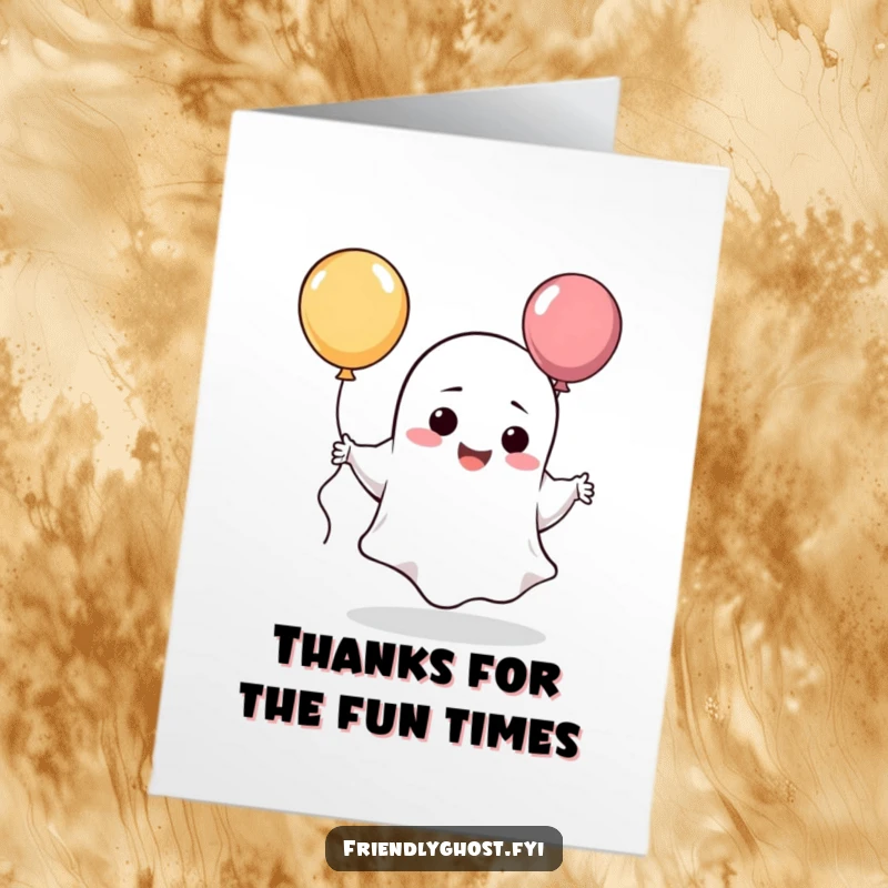 Funny Free Printable Thank You Card: A giggling sheet ghost character doing a whimsical dance, a balloon bobbing beside it.