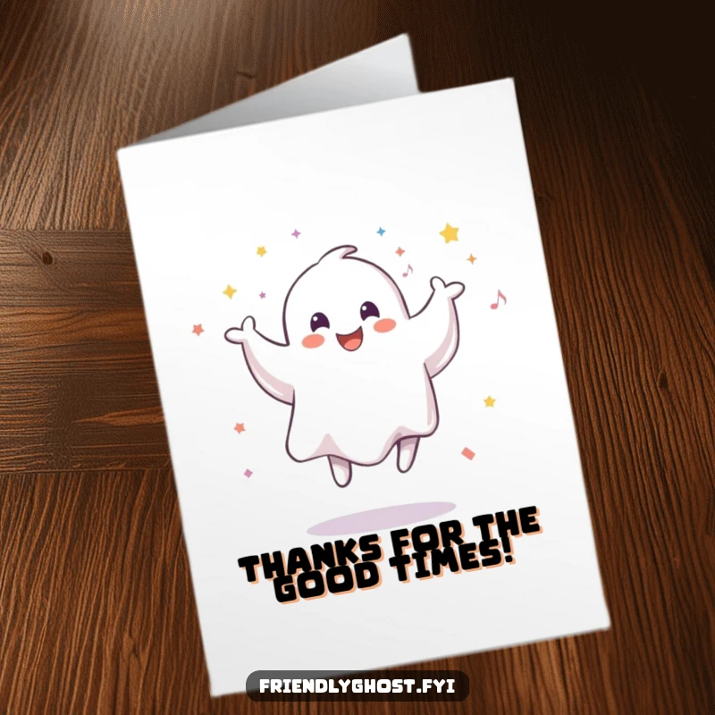Funny Free Printable thank you card with a smiling ghost leaping through a festive burst of confetti.