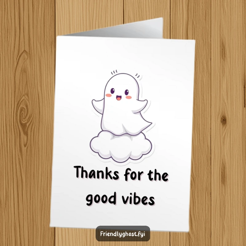 Funny Free Printable Thank You Card: Cheerful ghost character riding a cloud, sending thanks with a whimsical and happy vibe, DIY.