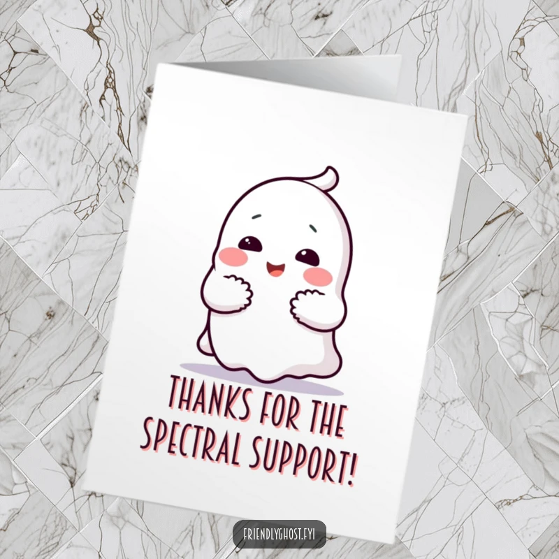 Funny Free Printable Thank You Card: A cheerful ghost character giving a comforting hug with its arms outstretched warmly.
