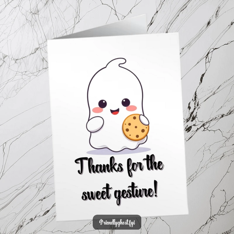 Funny free printable thank you card featuring a smiling ghost holding out a tiny cookie to share, expressing thanks.