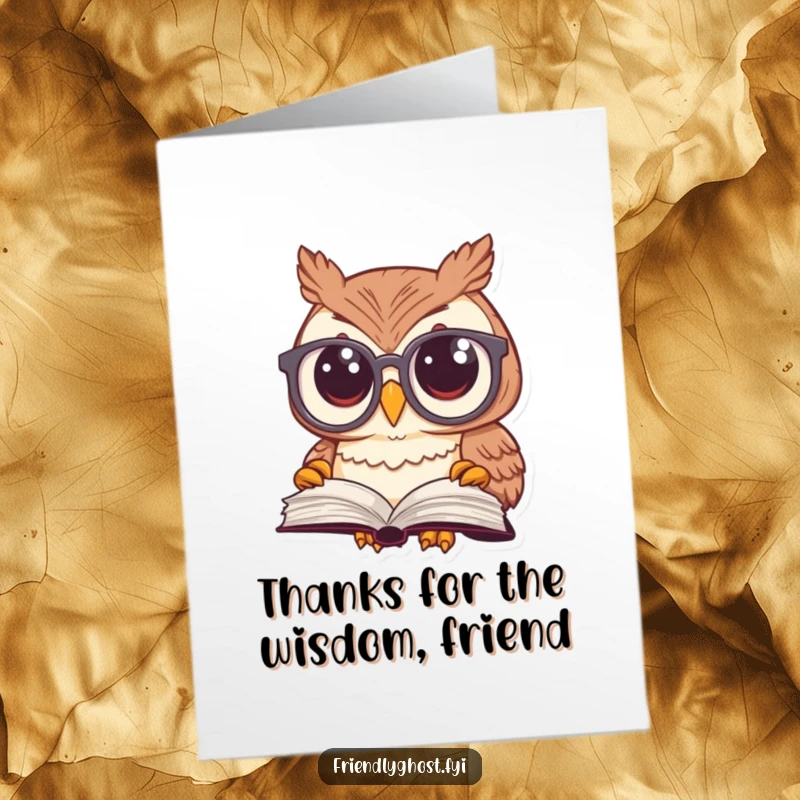 Funny Free Printable Thank You Card: A curious owl with spectacles looking at a floating book for thanks.