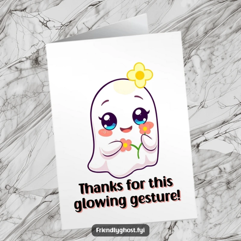Sweet free printable thank you card: Ghost with wide, happy eyes offering a glowing flower, expressing sincere gratitude.