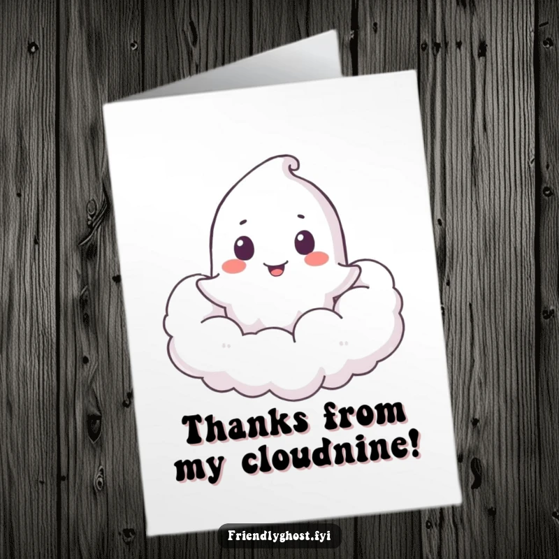 Funny free printable thank you card: Ghost playfully peeking out from a soft, fluffy cloud, conveying warm thanks.