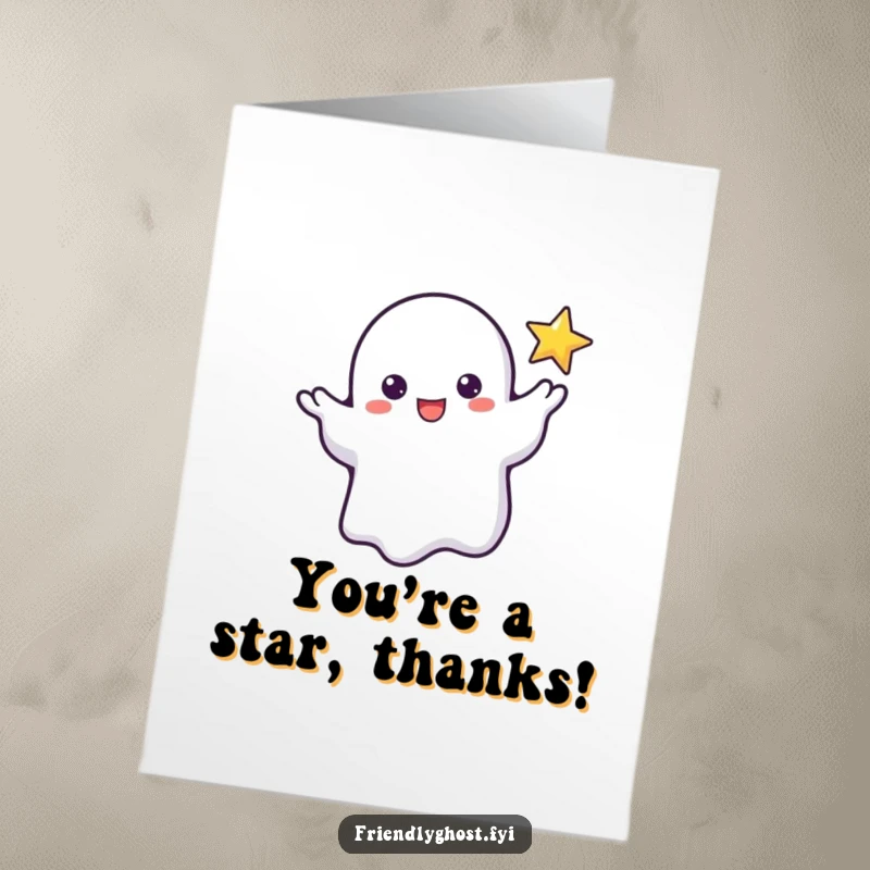Funny Free Printable Thank You Card: Friendly ghost extending hand to a tiny flickering star, perfect for expressing thanks.