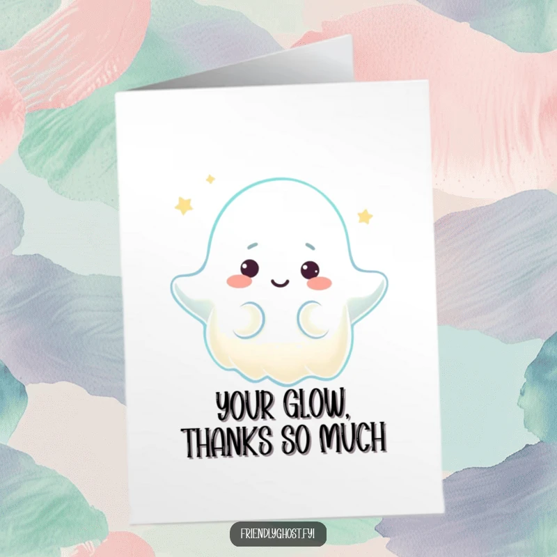 Free Printable Thank You Card: Ghost character emitting a comforting glow with a warm expression, a thankful downloadable.