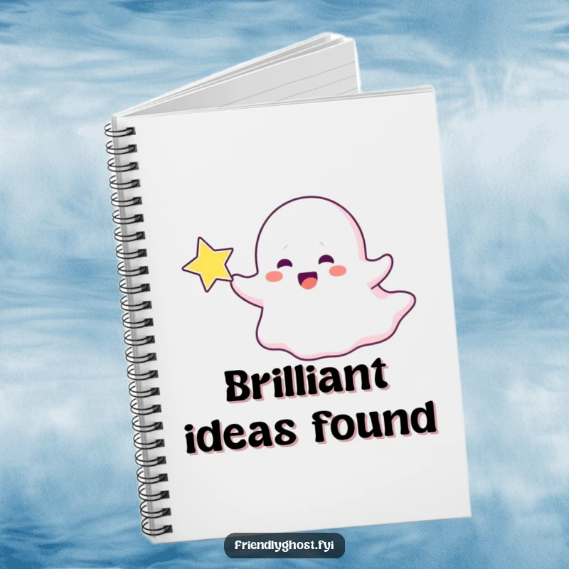 Funny ghost notebook with a ghost character playfully chasing a sparkling star, ideal for jotting down dreams.