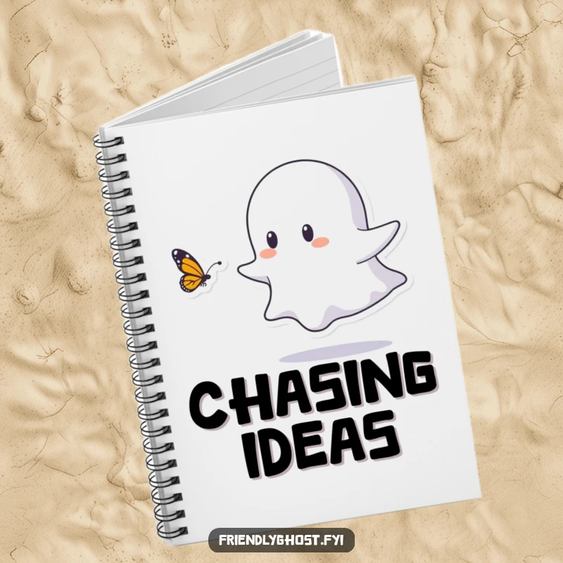 Funny notebook cover showing a small ghost character playfully chasing a butterfly, perfect for jotting down joyful and delightful thoughts.