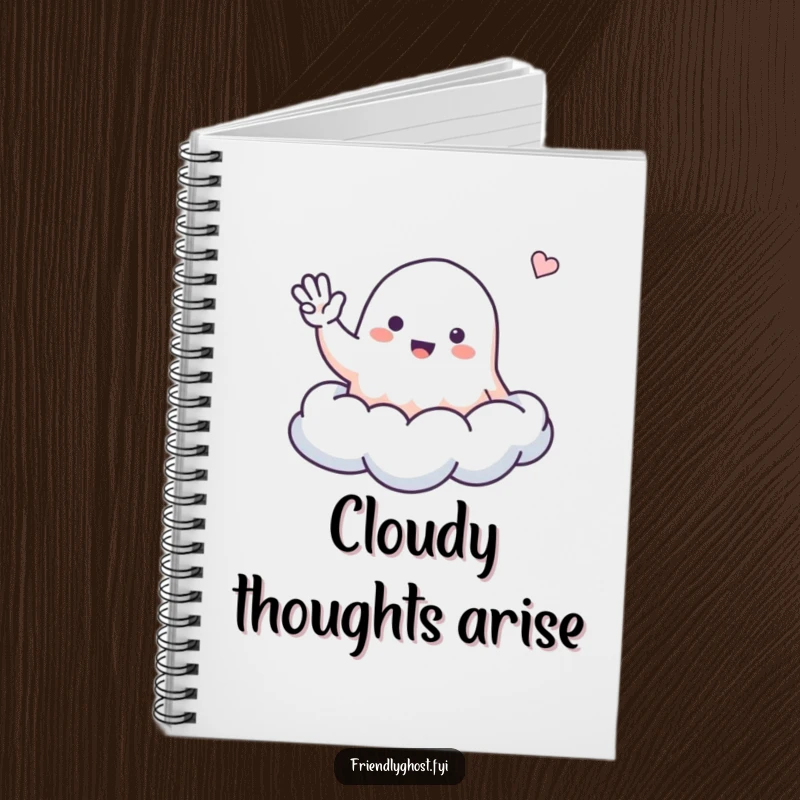 Funny ghost notebook with a small, friendly ghost waving from a cloud, ideal for jotting down happy thoughts.