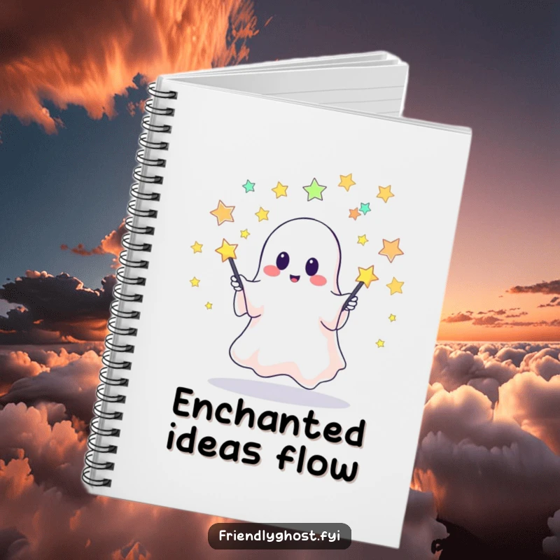 Funny notebook featuring a cute ghost juggling starry pins, ideal for note-taking, journaling, and adding a touch of celestial fun.