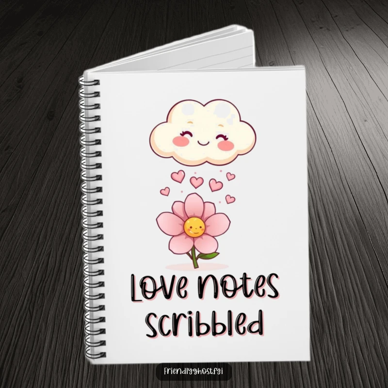 Funny notebook featuring a happy cloud raining sparkling hearts onto a flower, ideal for note-taking, journaling, and spreading cheer.
