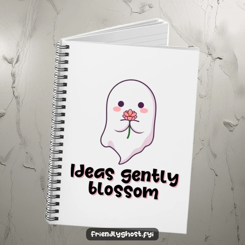 Funny Floating Ghost Notebook: A serene ghost floats down with a flower, inviting your peaceful thoughts. A sweet funny gift for journal keepers.