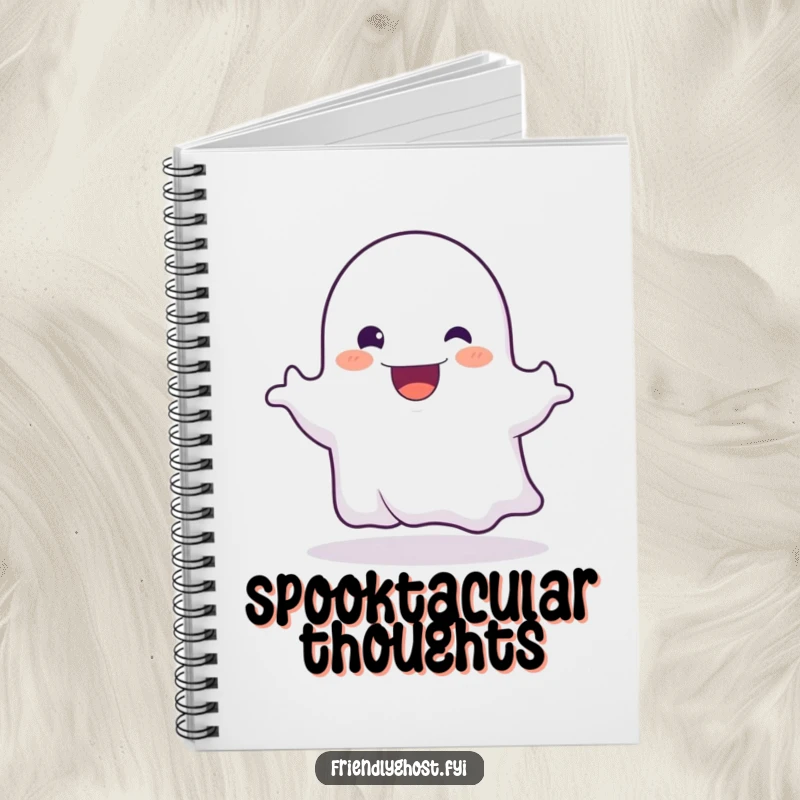 Funny notebook showing a friendly ghost character playfully booing with a broad, delighted, happy grin.