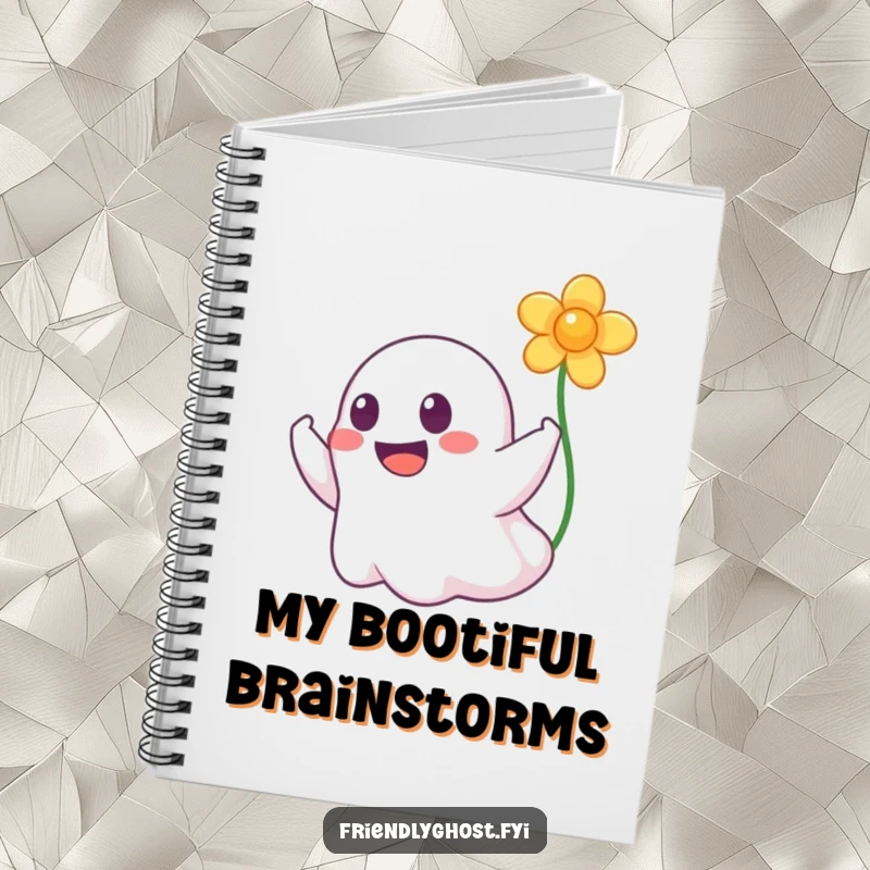 Funny notebook featuring a happy ghost with a wide grin booping a floating flower, ideal for creative writing and note-taking.
