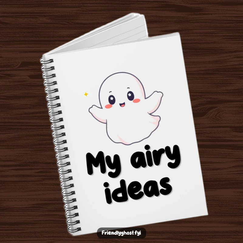 Funny ghost notebook featuring a happy ghost with twinkling eyes riding a gentle breeze, perfect for note-taking with joy.