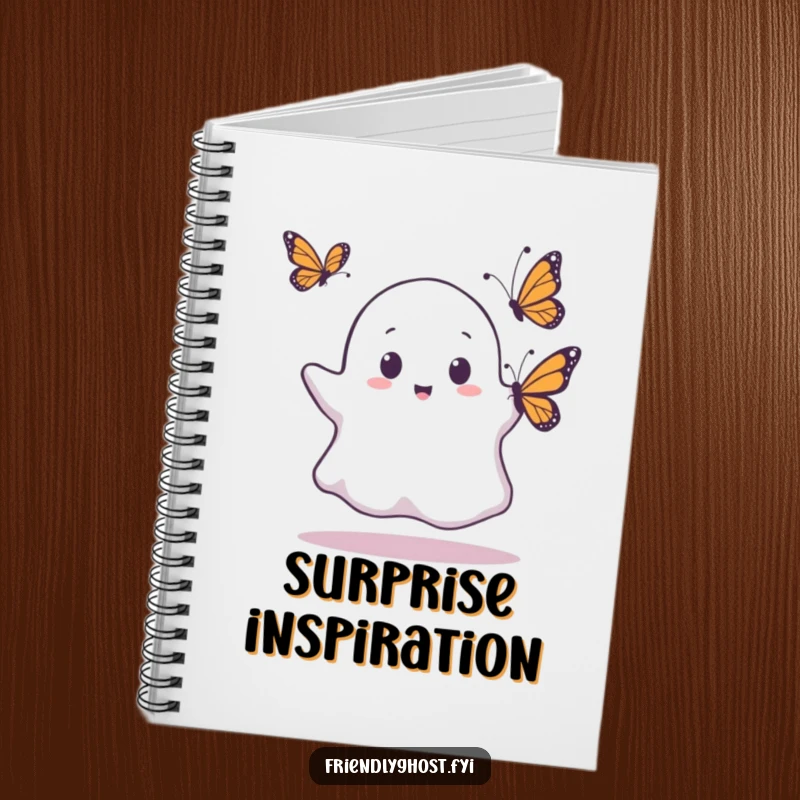 Funny notebook with a startled ghost and a butterfly, ideal for writing, drawing, and capturing humorous thoughts.