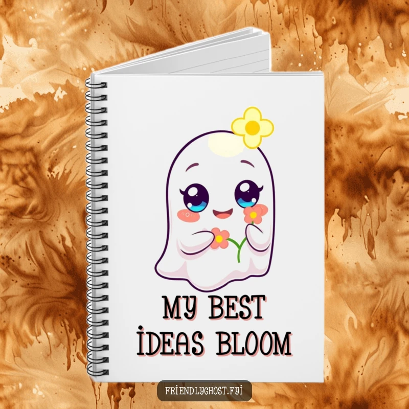 Funny Ghost Flower Bearer Notebook: A cheerful ghost happily offers a glowing flower, ideal for capturing kind thoughts with a gentle touch.