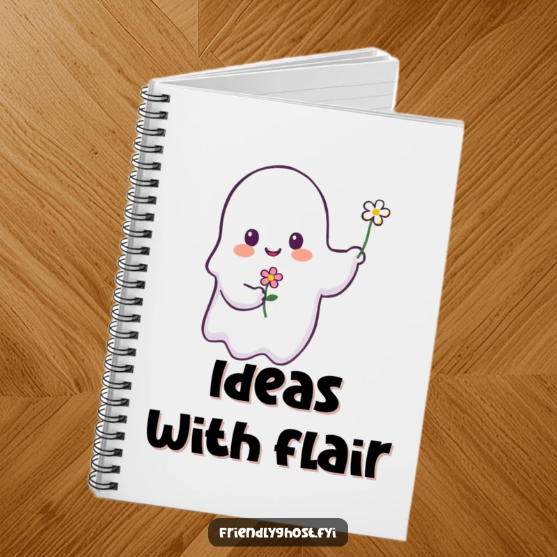 Funny ghost notebook showing a smiling ghost presenting a flower, perfect for notes, sketches, and daily journaling.