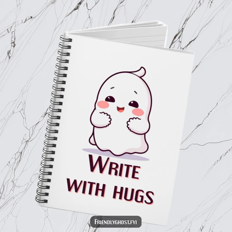 Funny ghost hug notebook with a cheerful character giving a comforting hug, a humorous and functional stationery item gift.