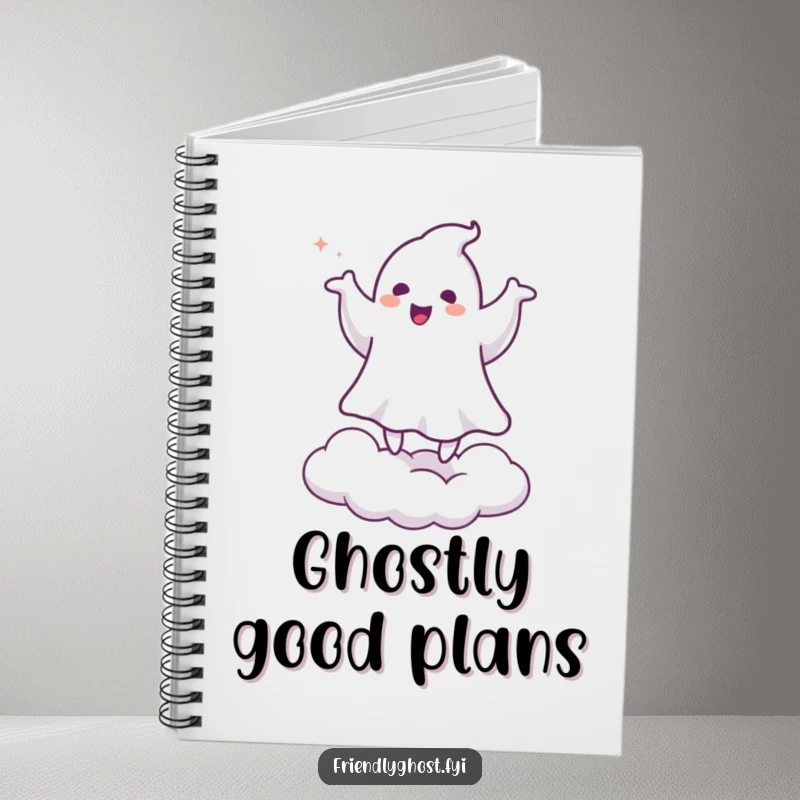 Funny notebook with a ghost doing a happy jig on a cloud, designed for jotting notes with a humorous and spooky vibe.