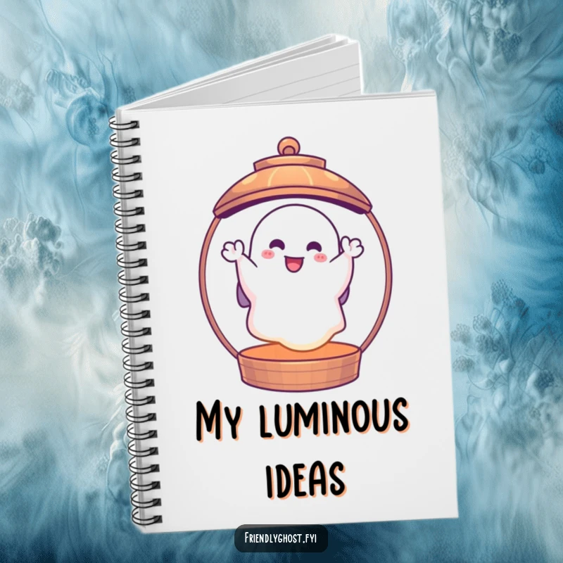 Funny ghost lantern notebook featuring a cheerful ghost waving from inside a glowing lantern, ideal for spooky notes and funny gift lovers.