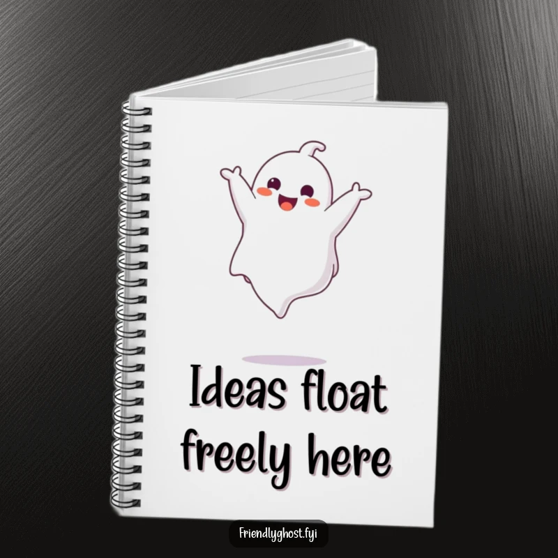 Funny ghost character performing a joyful somersault on a notebook cover, inspiring creative writing with spectral humor, a great gift.