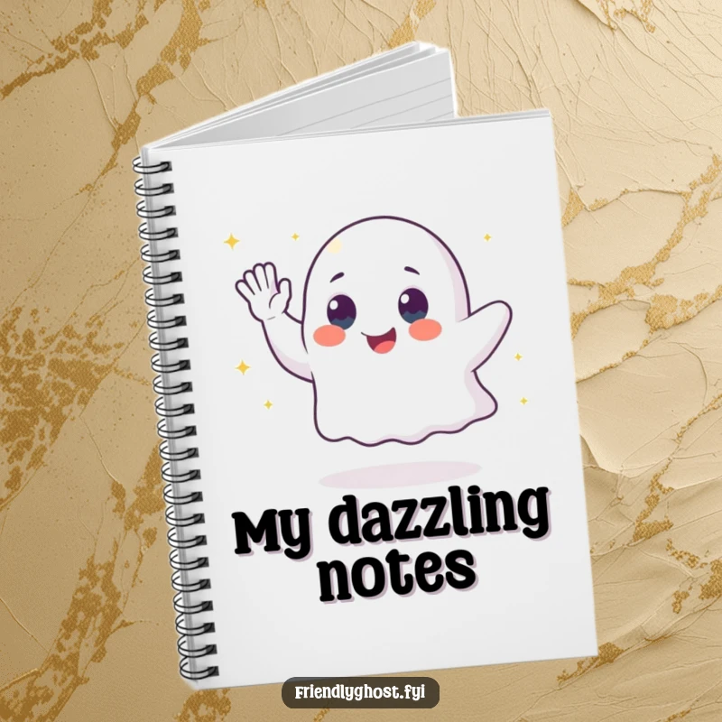 Funny ghost notebook featuring a waving character leaving a trail of sparkling dust, perfect for note-taking with whimsical flair.