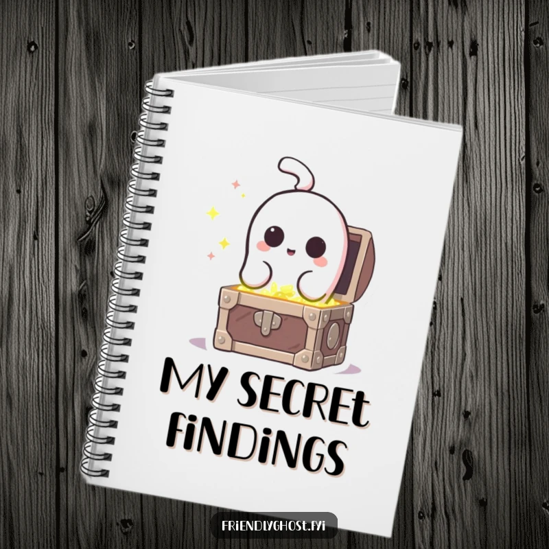 Funny curious ghost character peeking into a treasure chest, on the cover of a humorous notebook.