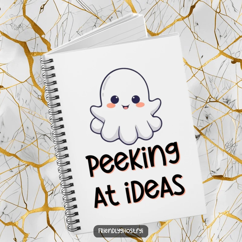 Funny notebook cover with a little ghost playfully peeking from behind a cloud, inspiring spectral creativity and surprise notes.