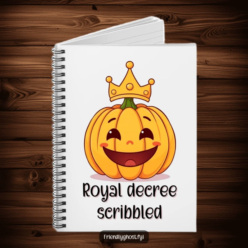 Funny surprised pumpkin wearing a lopsided crown, a humorous notebook for Halloween ideas.