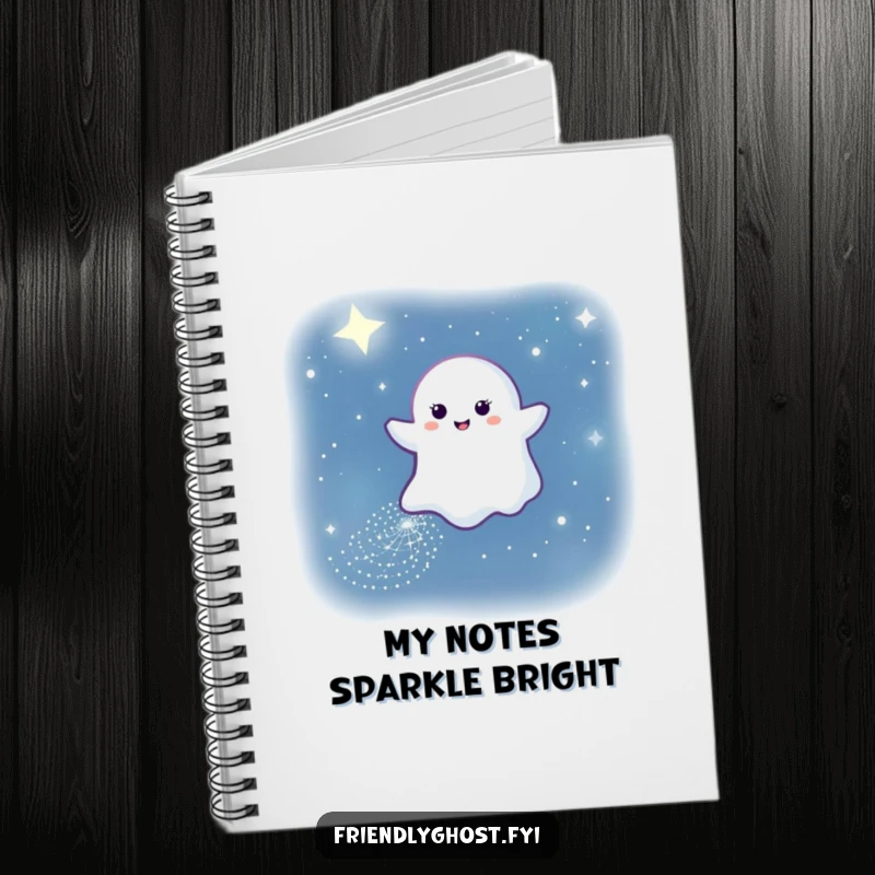 Funny notebook cover with a gentle ghost leaving a sparkling path through the night sky, inspiring magical thoughts and notes.