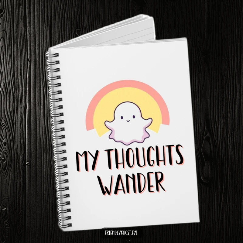 Funny notebook cover with a tiny ghost blissfully floating through a radiant rainbow, inspiring spectral creativity and cheerful note-taking.