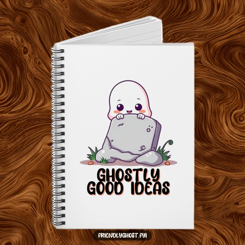 Funny ghost notebook with a cute ghost playfully peeking from behind a tombstone, perfect for writing spooky ideas.