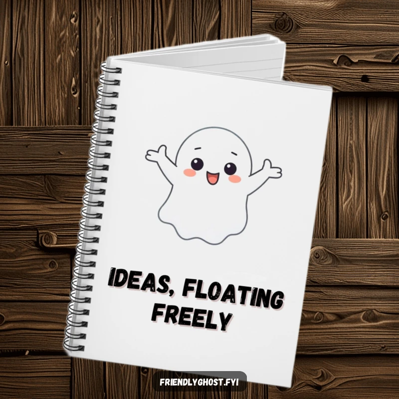 Funny notebook showing a small ghost character happily floating with arms outstretched.